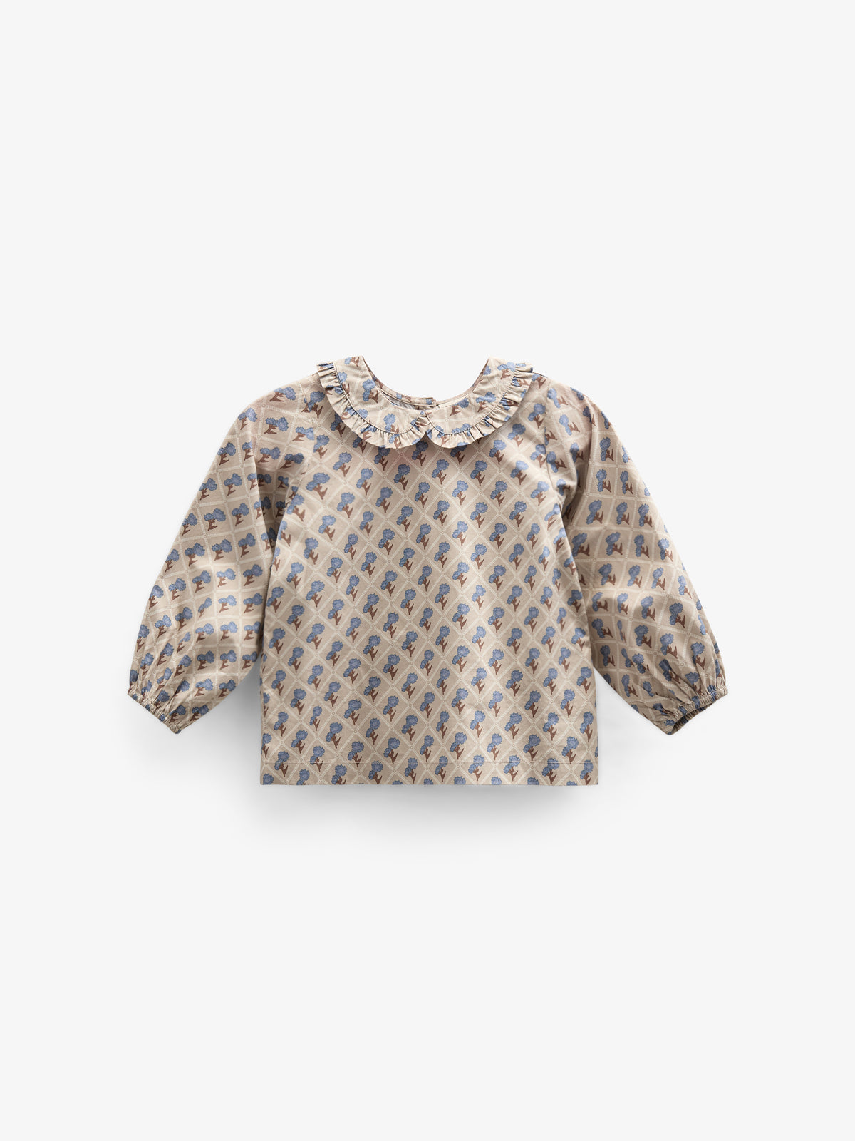 Bluse i bomulds-poplin med Print og Krave - Kids - Caffe Latte w. Blue | 100726 Amine