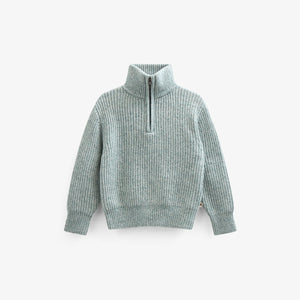 Sweater i Uldmix med kort lynlås - Kids - Green Melange | 100754 Adam