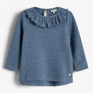Bluse med Pierrot-krave i plysjersey - Little - Blue Melange