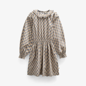 Kjole i bomulds-poplin med Print og elastik i taljen - Tween - Caffe Latte w. Blue | 100801 Amine