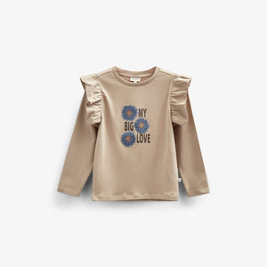 Jersey Bluse med flæseærmer og Print foran - Tween - Caffe Latte | 100843 Demi