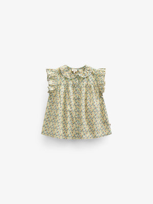 Poplintop med blomsterprint og flæse - Tween - Green | 100951 Poppy