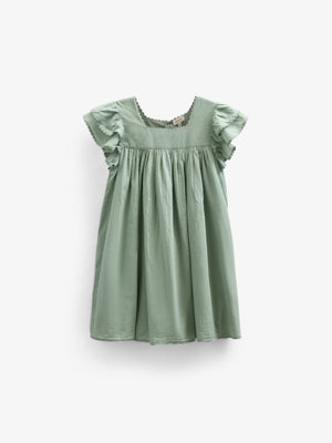 Bomuldskjole med bølgebånd og flæse - Kids - Dusty Green | 101035 Alma