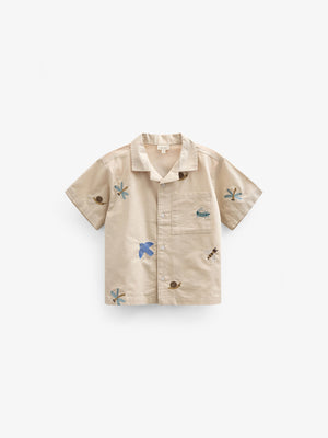 Broderet kortærmet bomuldsskjorte - Kids - Light Beige | 101061 Erik