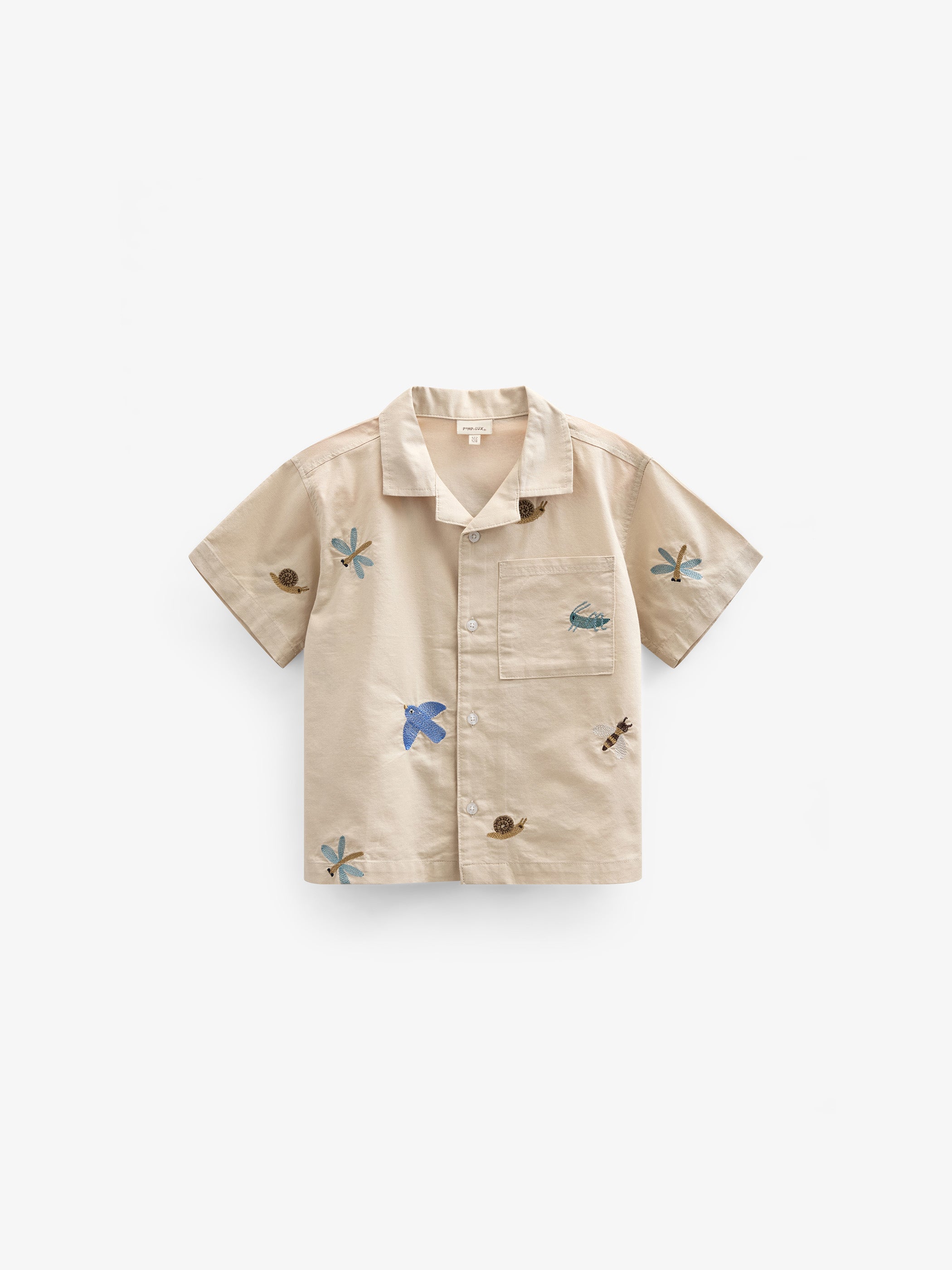 Broderet kortærmet bomuldsskjorte - Kids - Light Beige | 101061 Erik