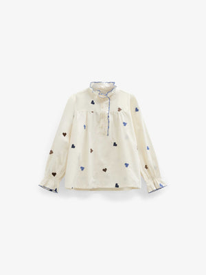 Bomuldsbluse med hjertebroderi Kids - Blue/Brown | 101455 Elina