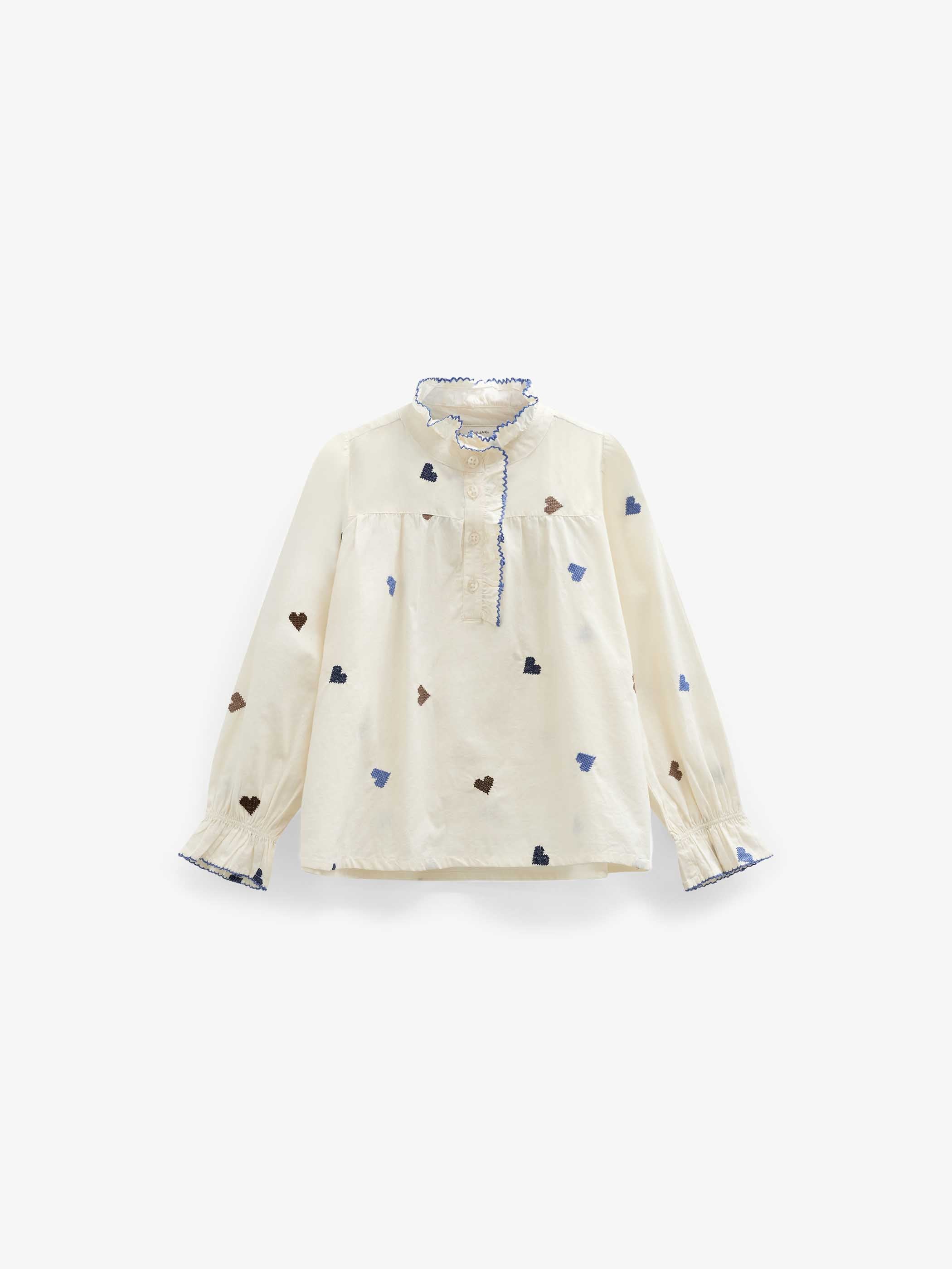 Bomuldsbluse med hjertebroderi Kids - Blue/Brown | 101455 Elina