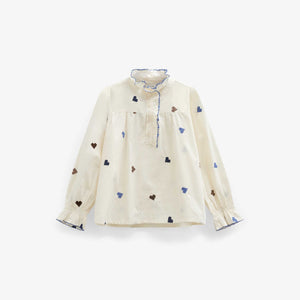 Bomuldsbluse med hjertebroderi Tween - Blue/Brown | 101456 Elina
