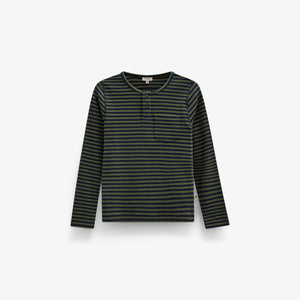 Ribbet langærmet T-shirt med stolpelukning Tween - Moss Green/Navy Stripe | 101596 Conrad