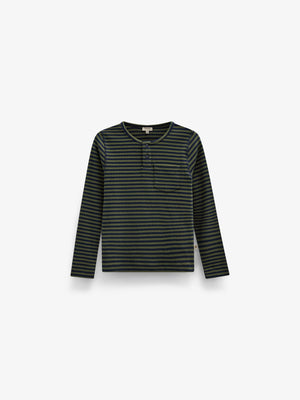 Ribbet langærmet T-shirt med stolpelukning Kids - Moss Green/Navy Stripe | 101595 Conrad