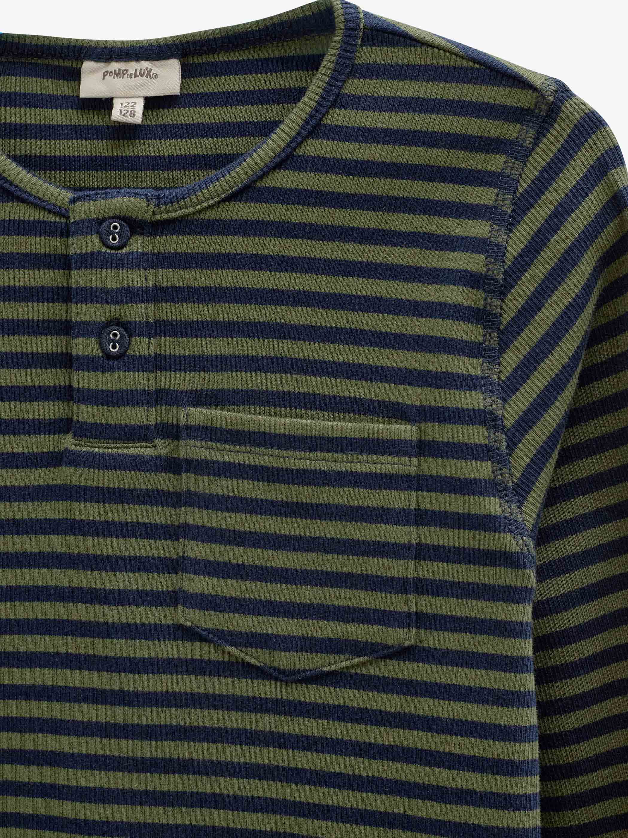 Ribbet langærmet T-shirt med stolpelukning Tween - Moss Green/Navy Stripe | 101596 Conrad