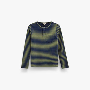 Ribbet langærmet T-shirt med stolpelukning Tween - Moss Green/Navy Stripe | 101596 Conrad