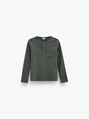 Ribbet langærmet T-shirt med stolpelukning Kids - Moss Green/Navy Stripe | 101595 Conrad