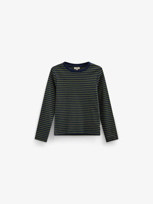 Ribbet langærmet T-shirt Kids - Moss Green/Navy Stripe | 101601 Conrad