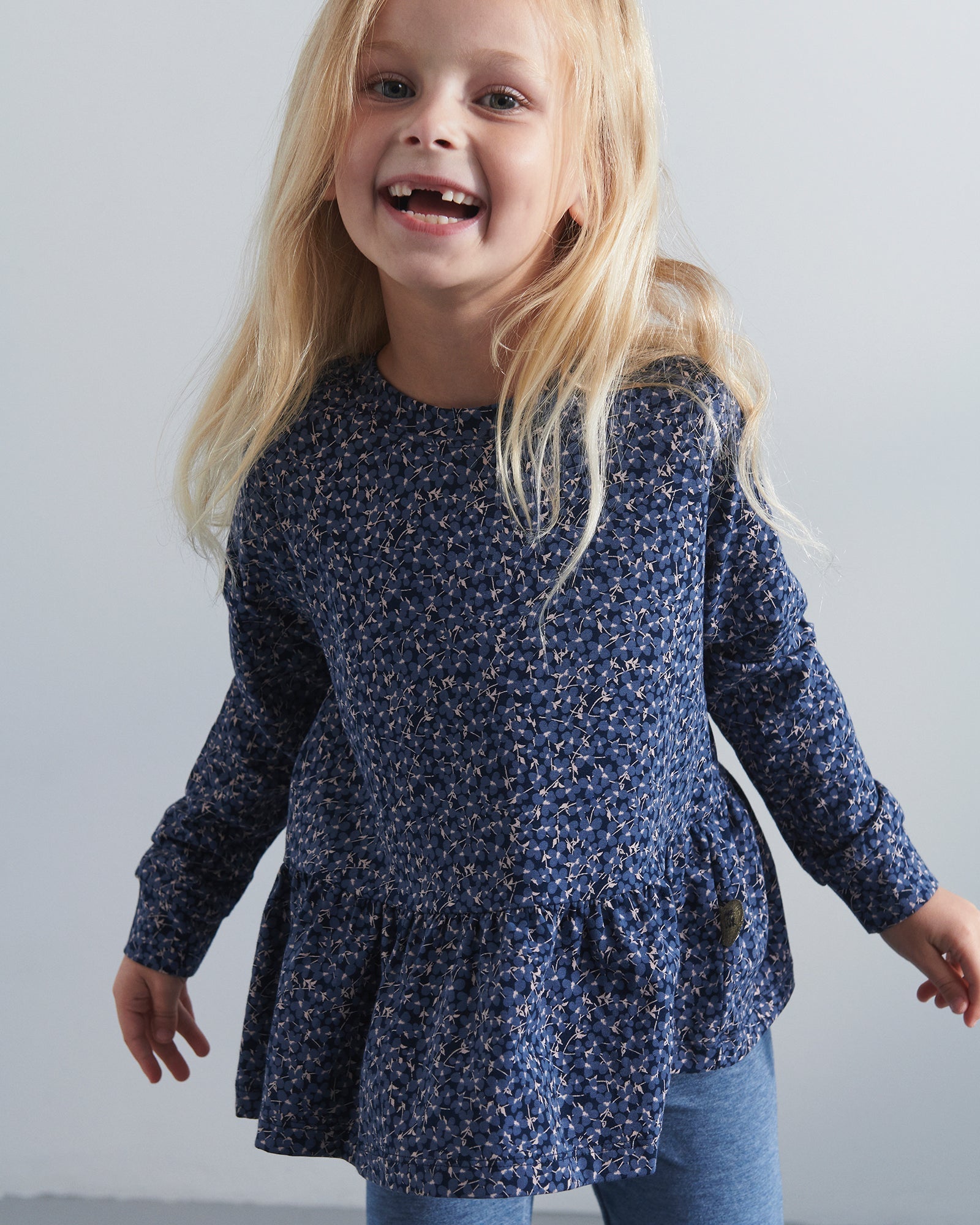 Peplum-bluse i jersey med ditsy-print - Kids - Blue