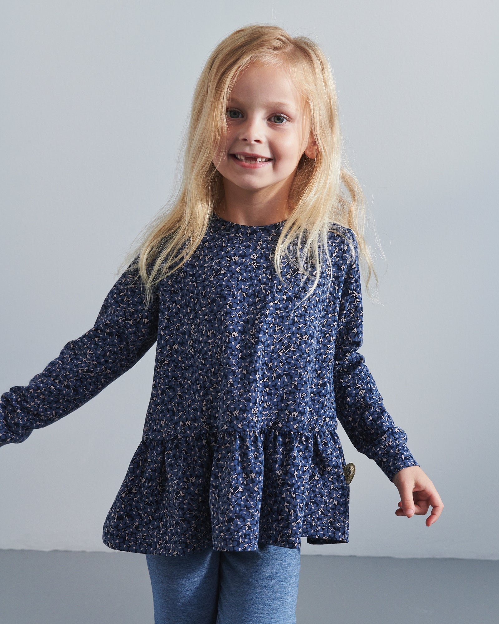 Peplum-bluse i jersey med ditsy-print - Kids - Blue