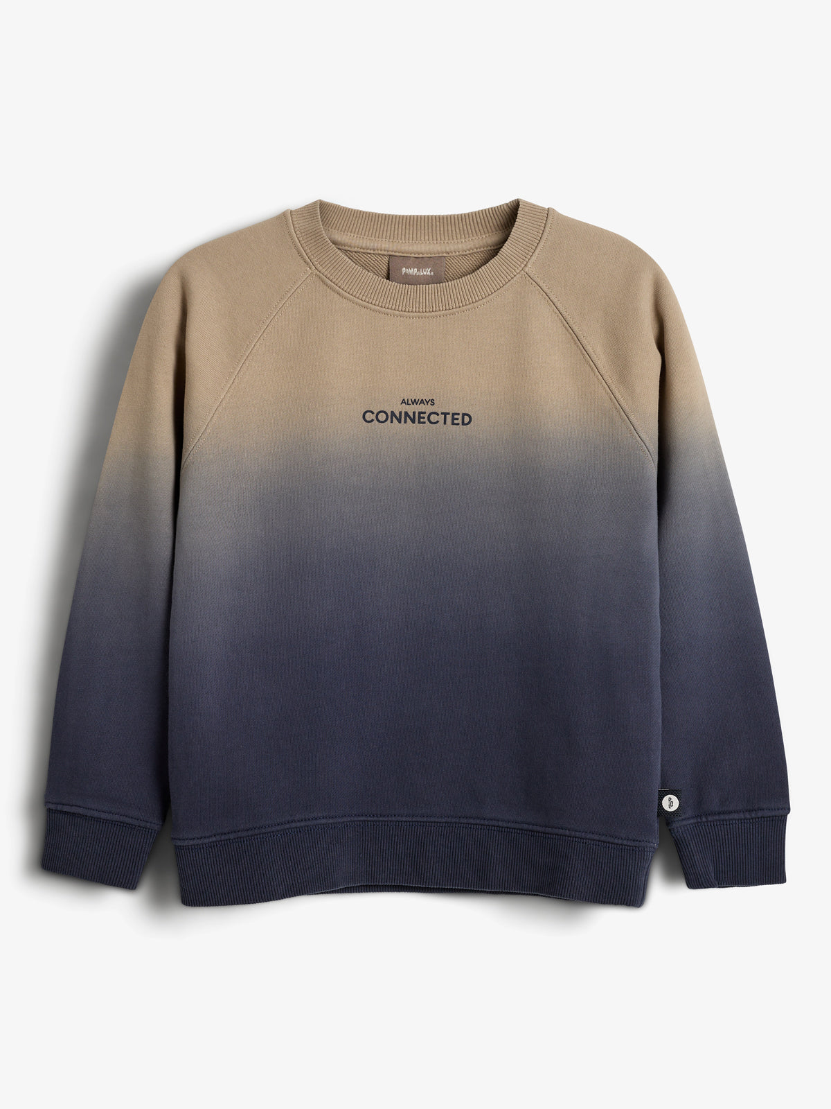 Sweatshirt with a beige-to-navy gradient, displaying the text "ALWAYS CONNECTED" on the chest. Ribbed cuffs and hem; plain white background.
