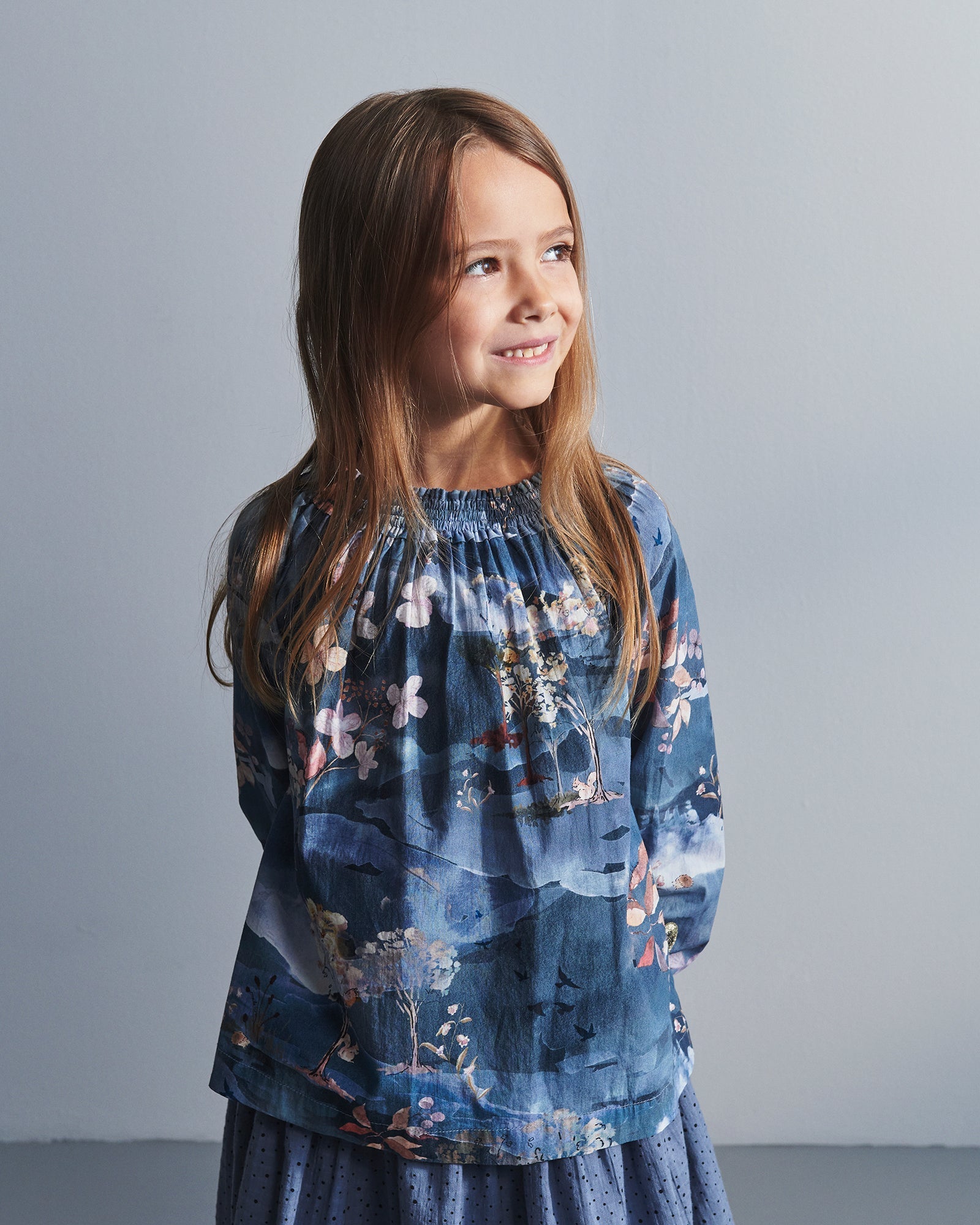 Poplin-tunika med naturskønt print - Kids - Blue/Rose