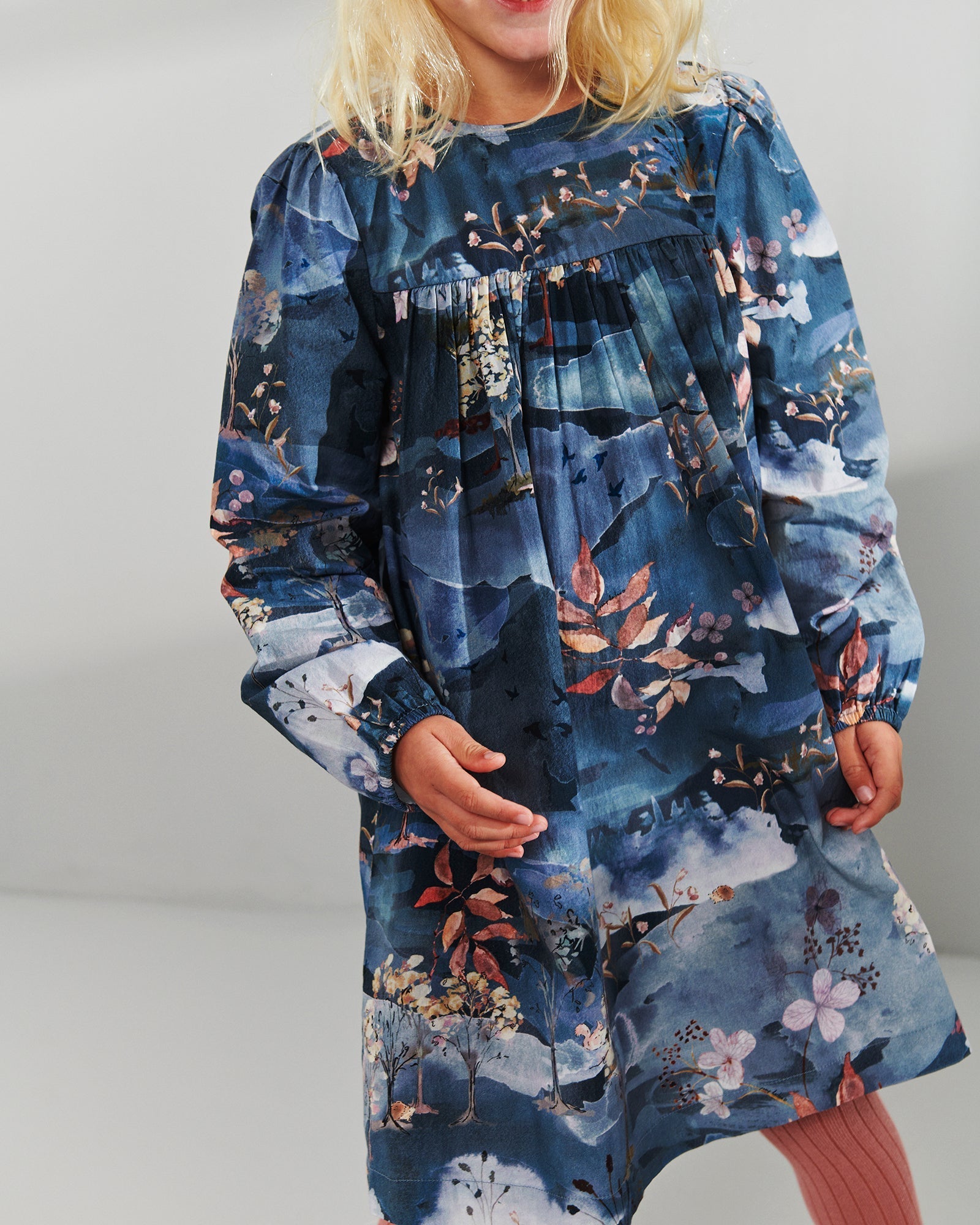 Poplin-kjole med landskabeligt print - Kids - Blue/Rose