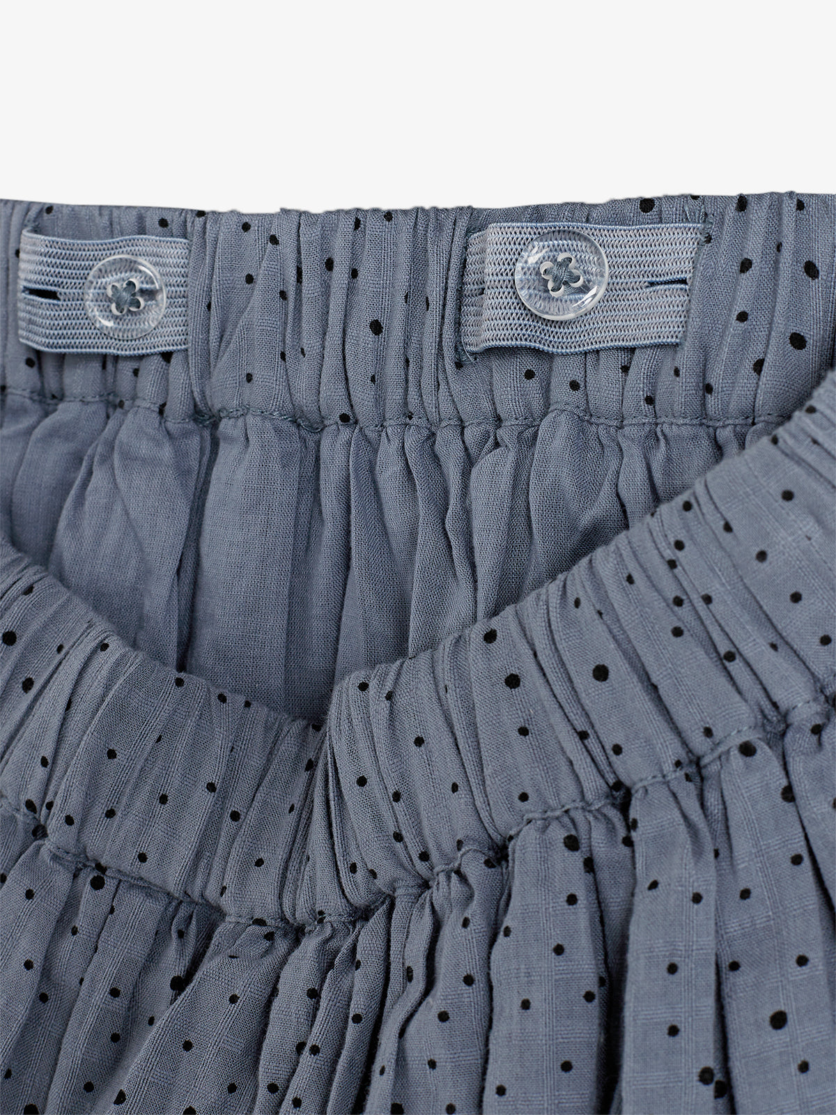A close-up of a blue, polka-dotted fabric waistband with gathered pleats. Two adjustable buttoned tabs are visible, enhancing the waistband's fit and situated against a plain backdrop.