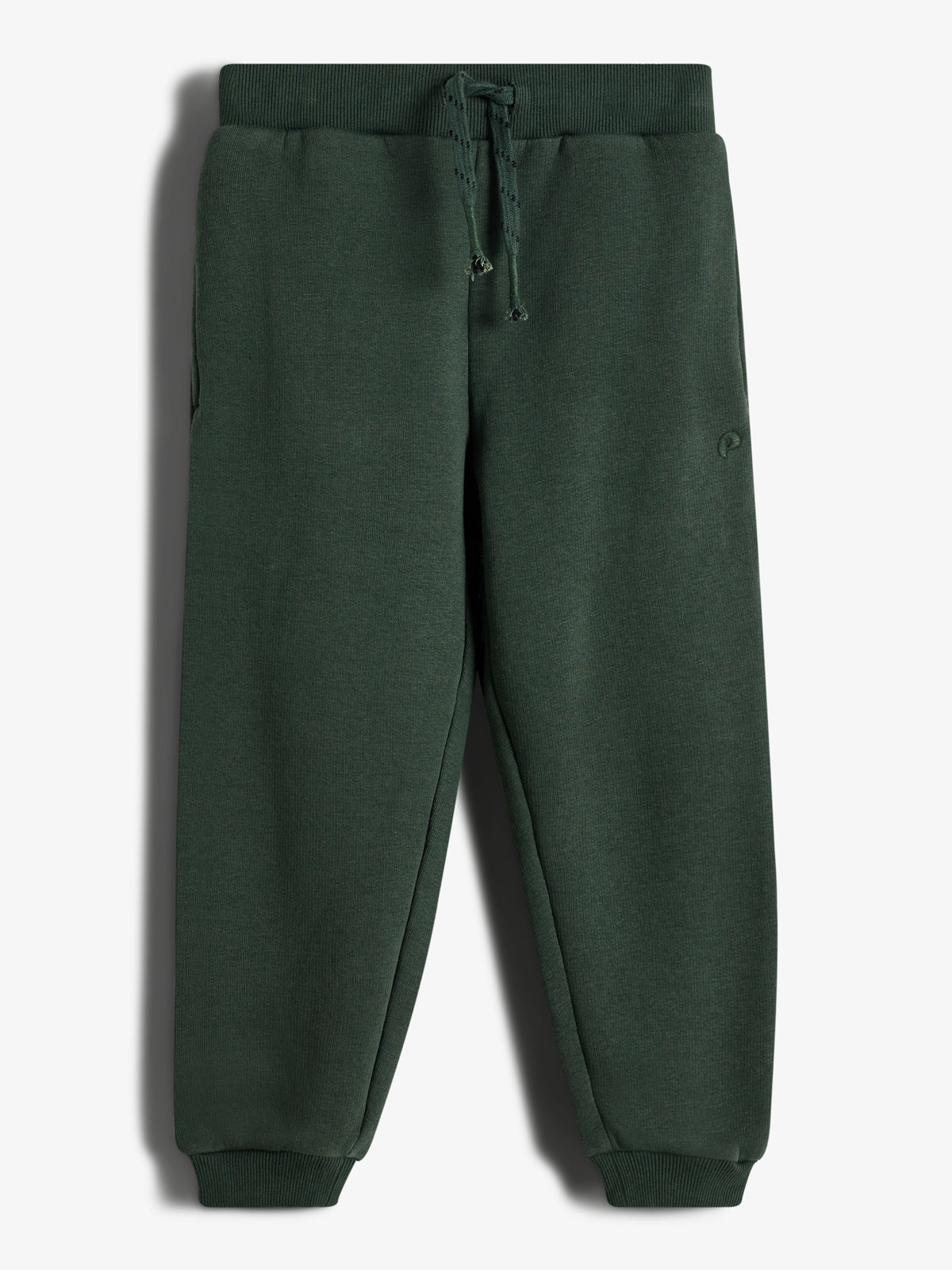 Dark green sweatpants hang displayed against a plain white background. They feature an elastic waistband, drawstring, and cuffs, with subtle side pockets and a small logo on the left side.