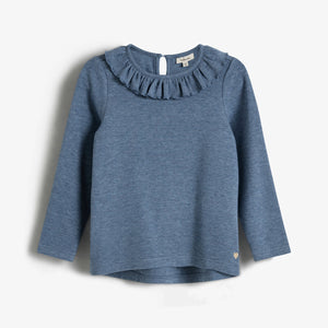 Bluse med Pierrot-krave i plysjersey - Kids - Blue Melange
