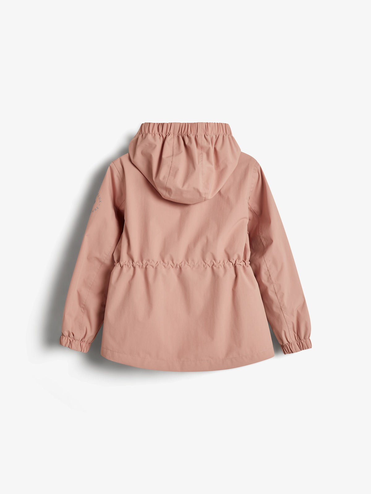 Rosa frakke med hætte hænger nedad; elastiske kanter ses ved hofterne og håndleddene. Placeret mod en hvid baggrund. Ingen tekst er synlig.