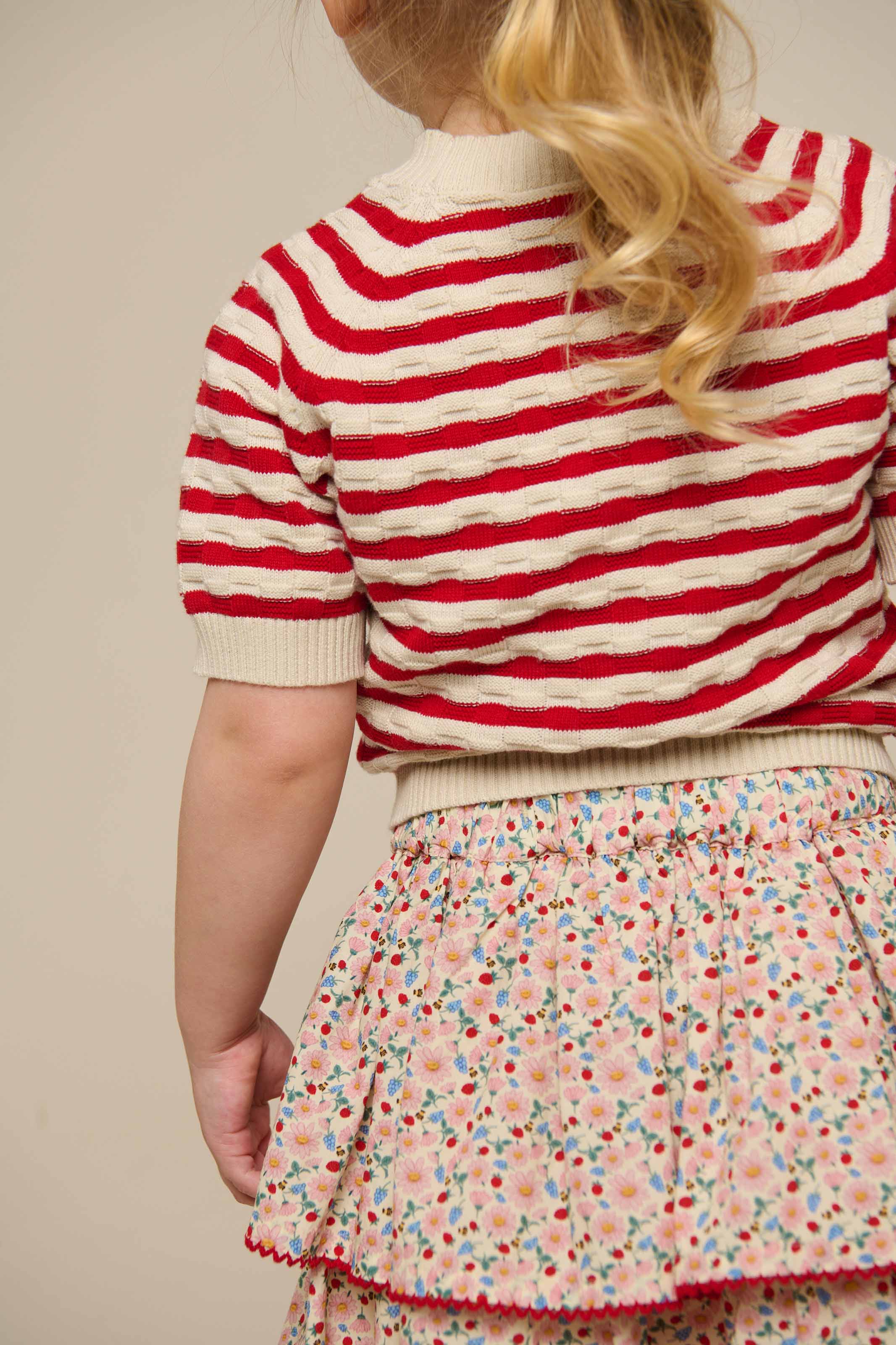 Kortærmet bomuldsstrik med striber - Kids - Cherry Red Stripe | 101239 Martha