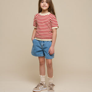 Kortærmet bomuldsstrik med striber - Tween - Cherry Red Stripe | 101240 Martha