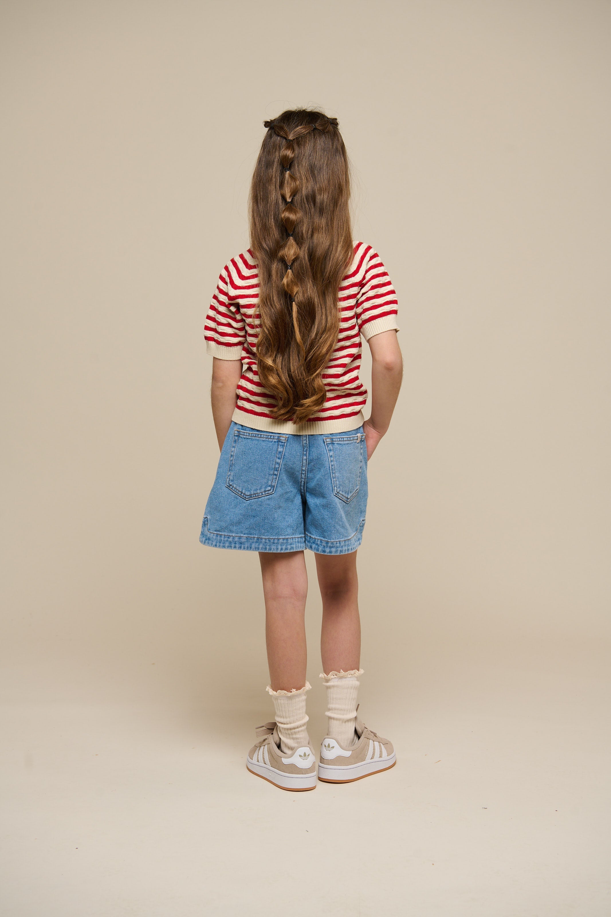 Kortærmet bomuldsstrik med striber - Tween - Cherry Red Stripe | 101240 Martha