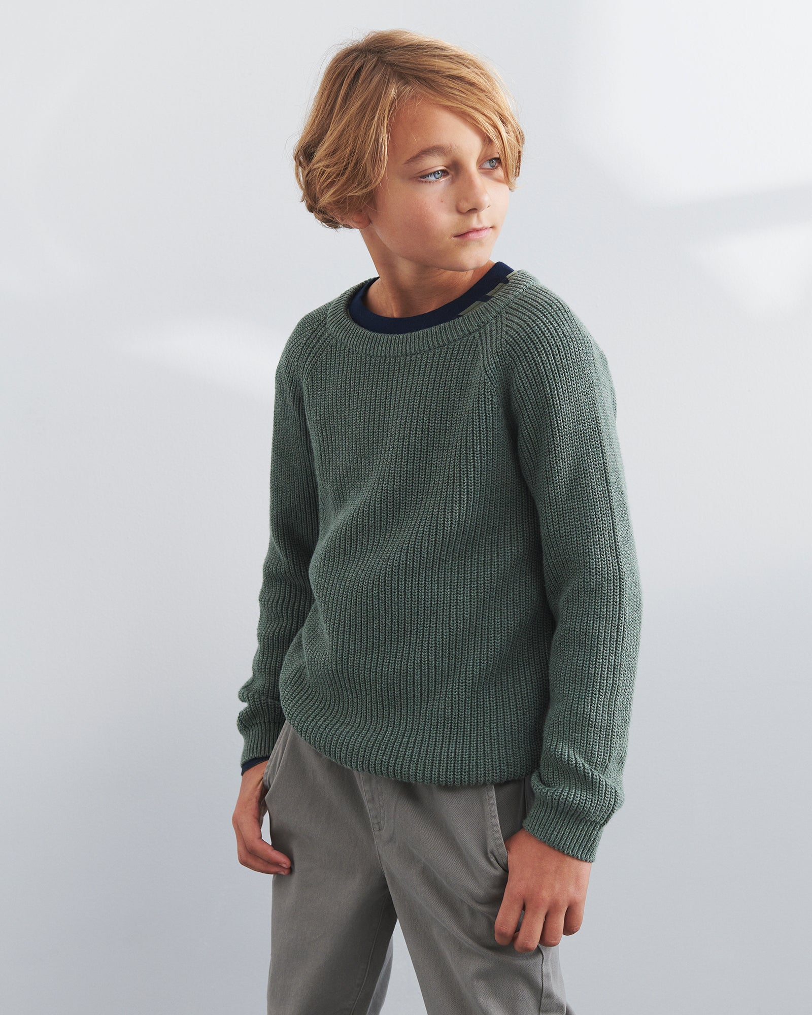 Strikket sweater i bomuld - Tweens - Green Melange