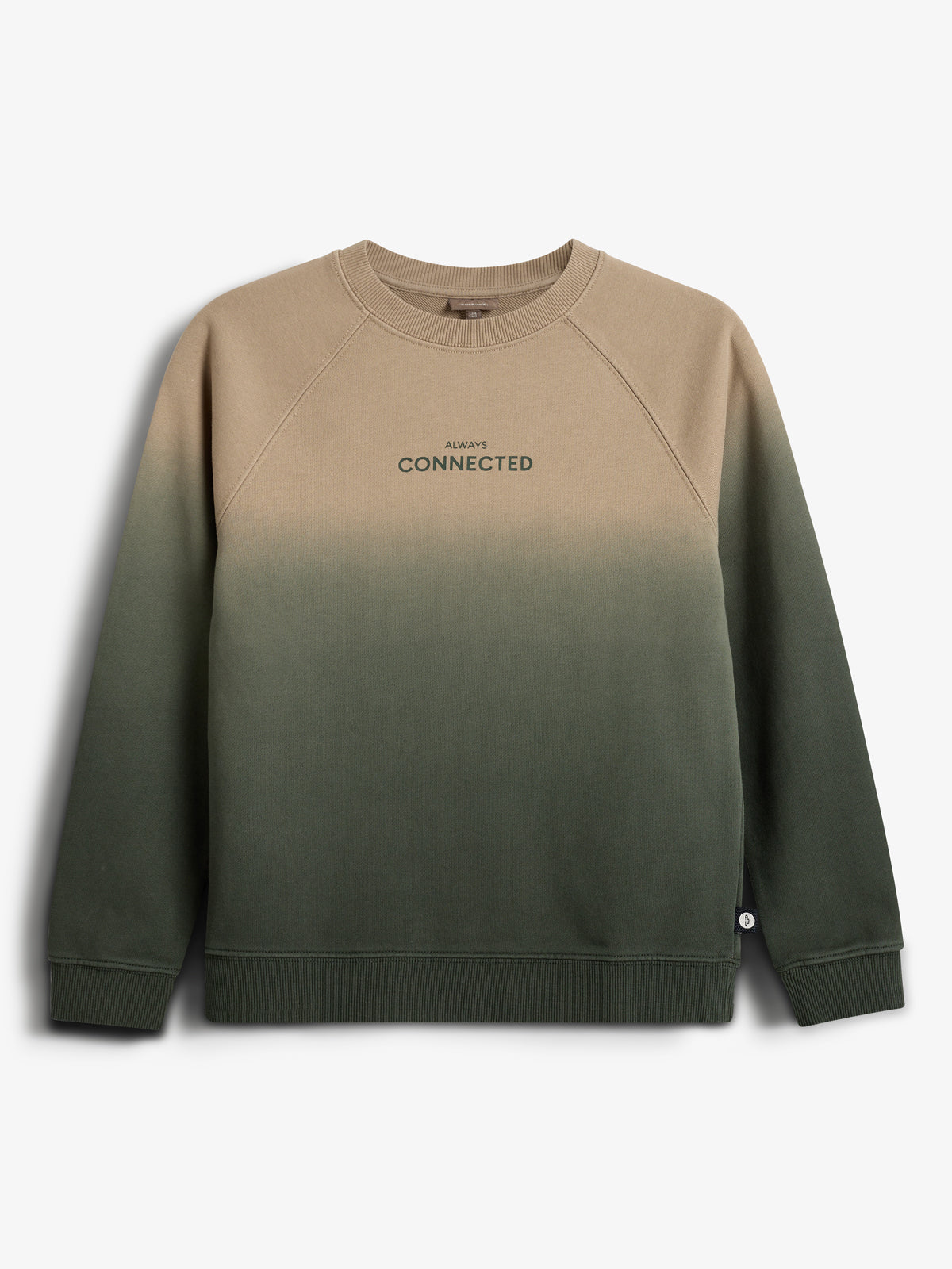 Sweatshirt displaying the text "ALWAYS CONNECTED" on its chest, features a gradient design transitioning from light to dark green. It is set against a plain white background.