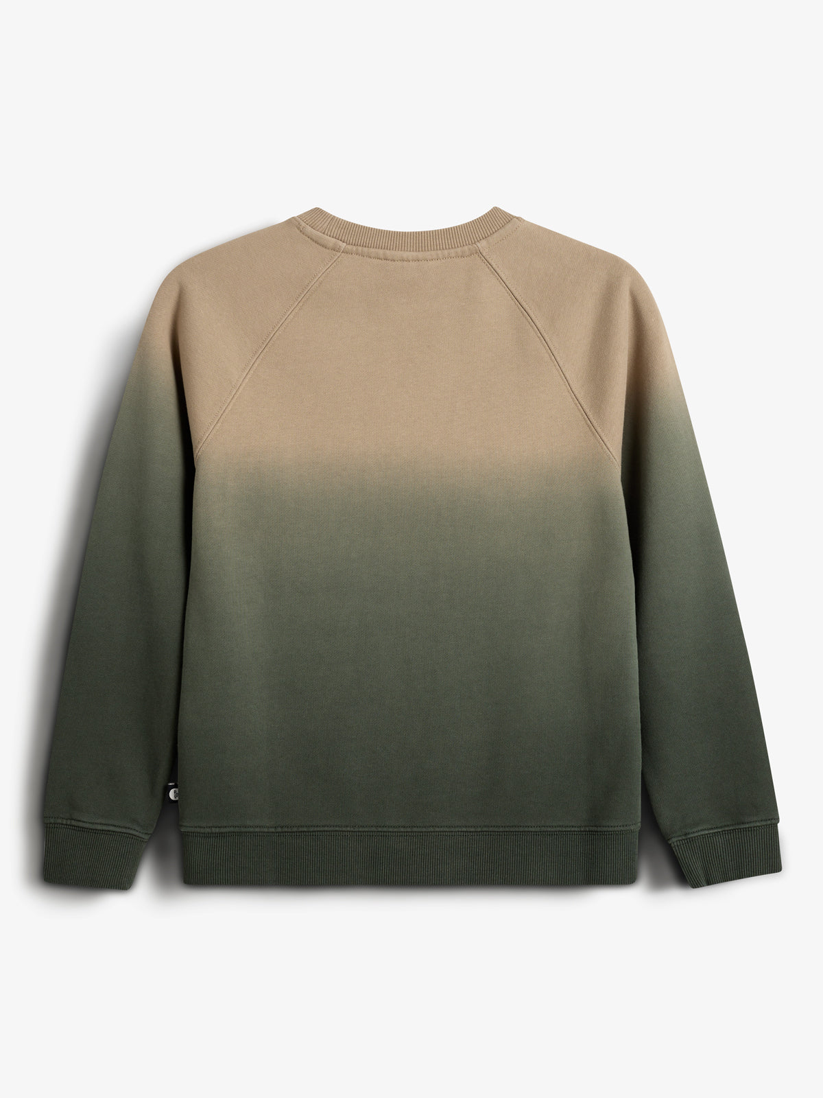 A sweatshirt displays a smooth beige-to-dark green gradient, resting flatly. It features ribbed cuffs and hem, with a plain white background for contrast.