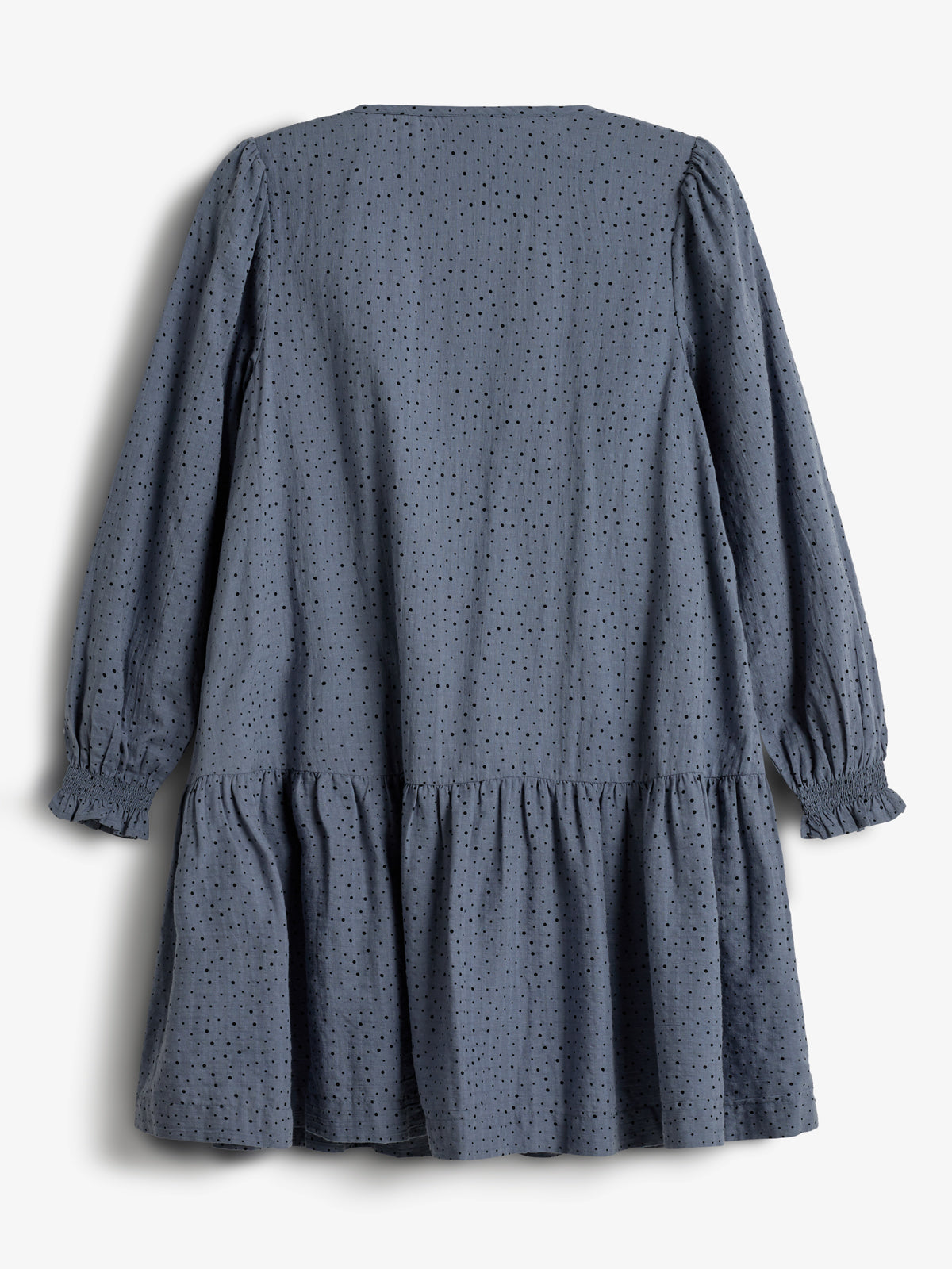 A long-sleeved, blue dress with a ruffled bottom and small polka dot pattern hangs against a plain white background.