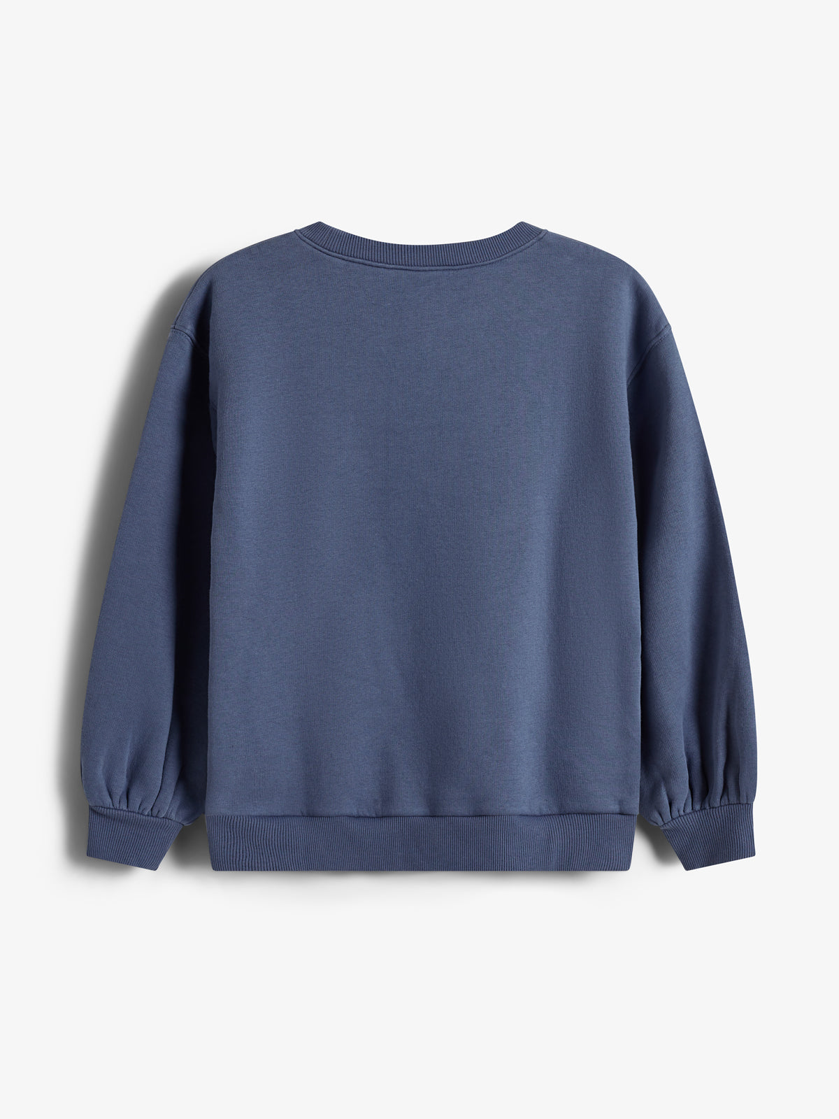 Blå sweatshirt hænger stille mod en hvid baggrund, med ribkanter på ærmer og bund.