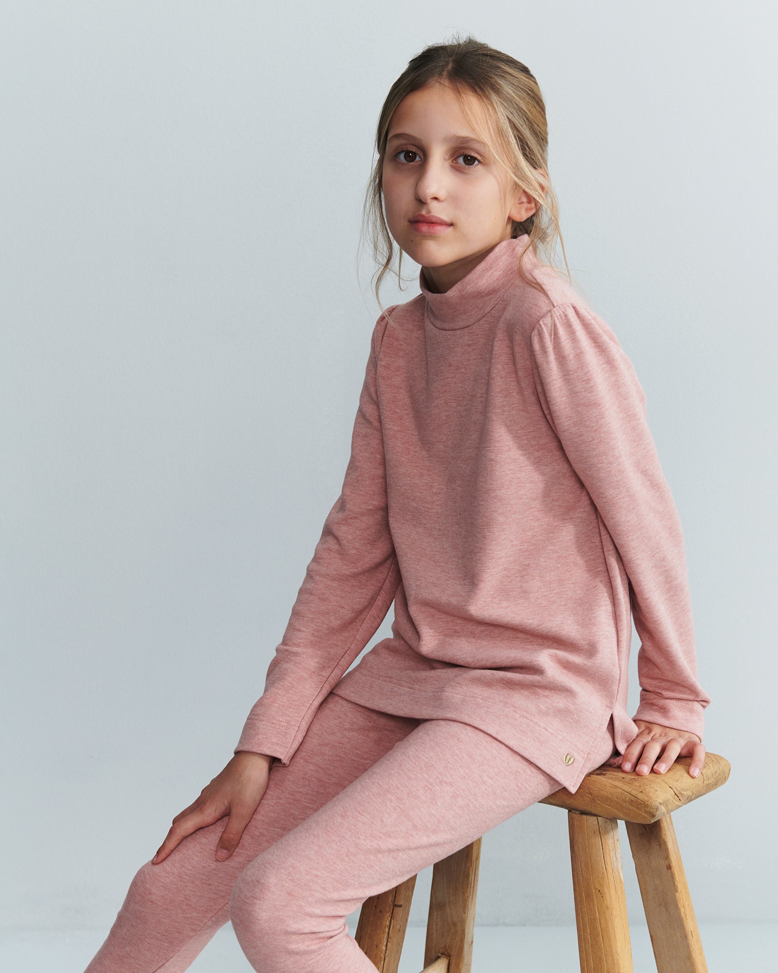 Bluse med T-hals i plysjersey - Tweens - Dusty Rose Melange
