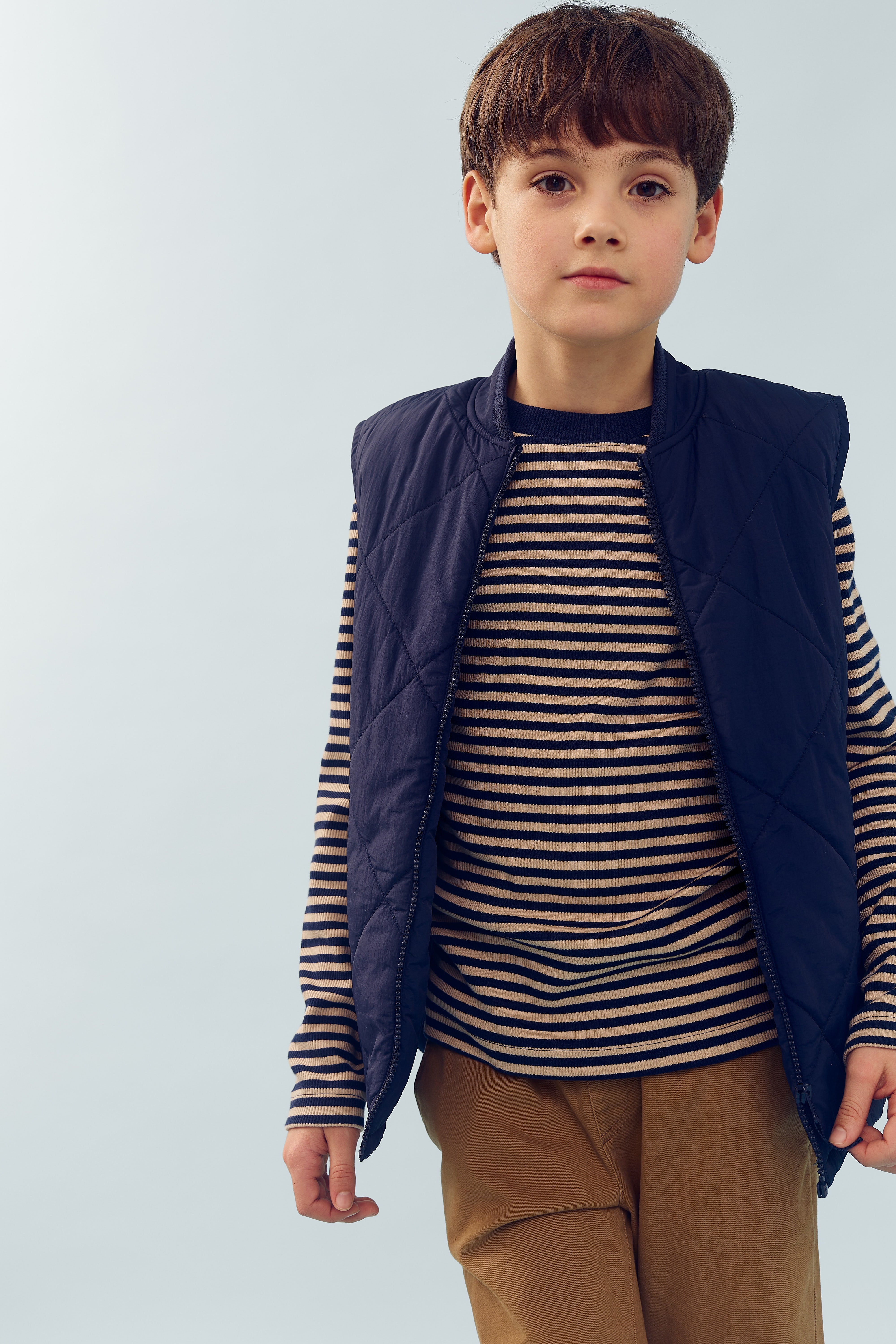 Stribet langærmet Basic Rib T-shirt - Tweens - Navy/Beige