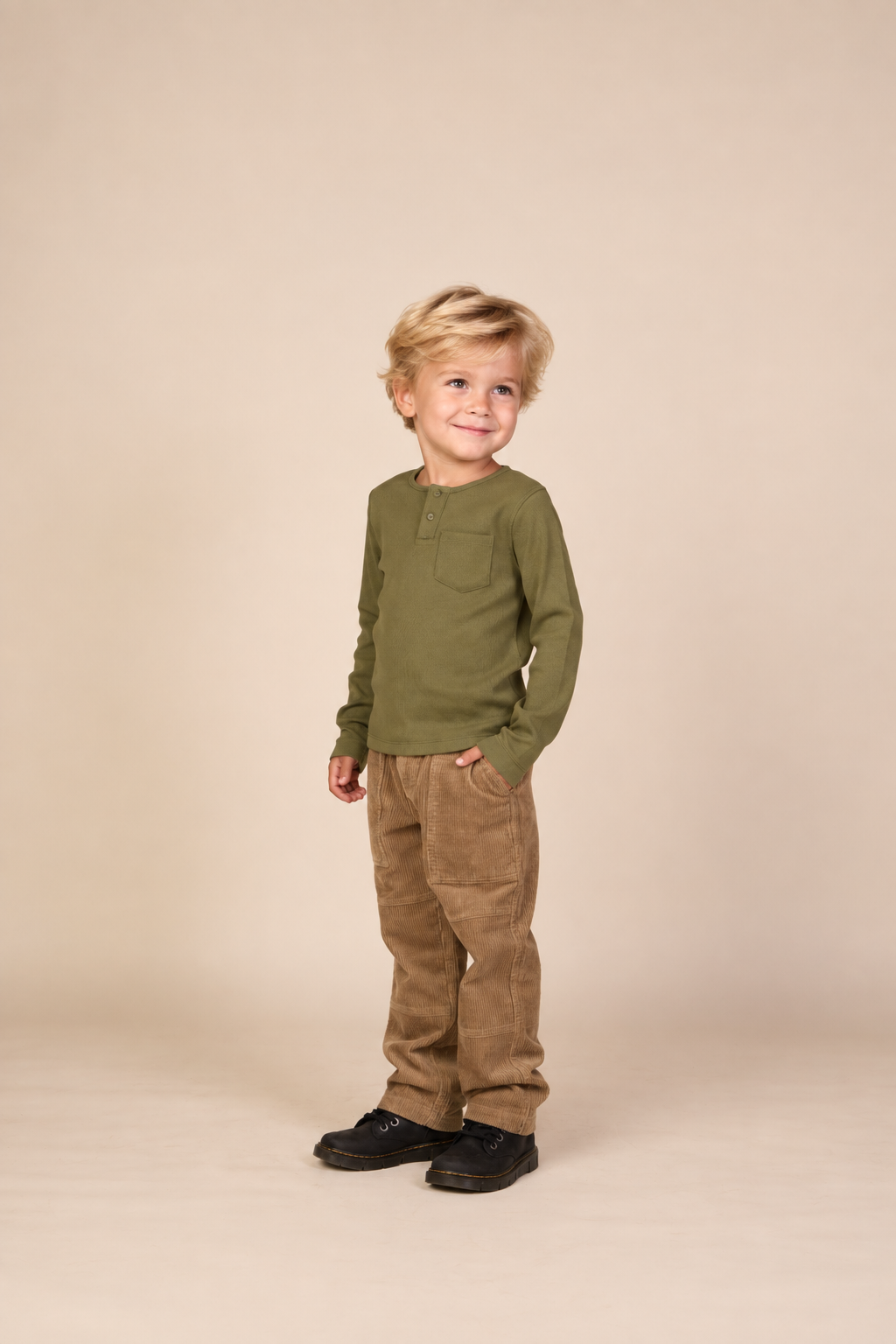 Ribbet langærmet T-shirt med stolpelukning Kids - Moss Green | 101593 Conrad