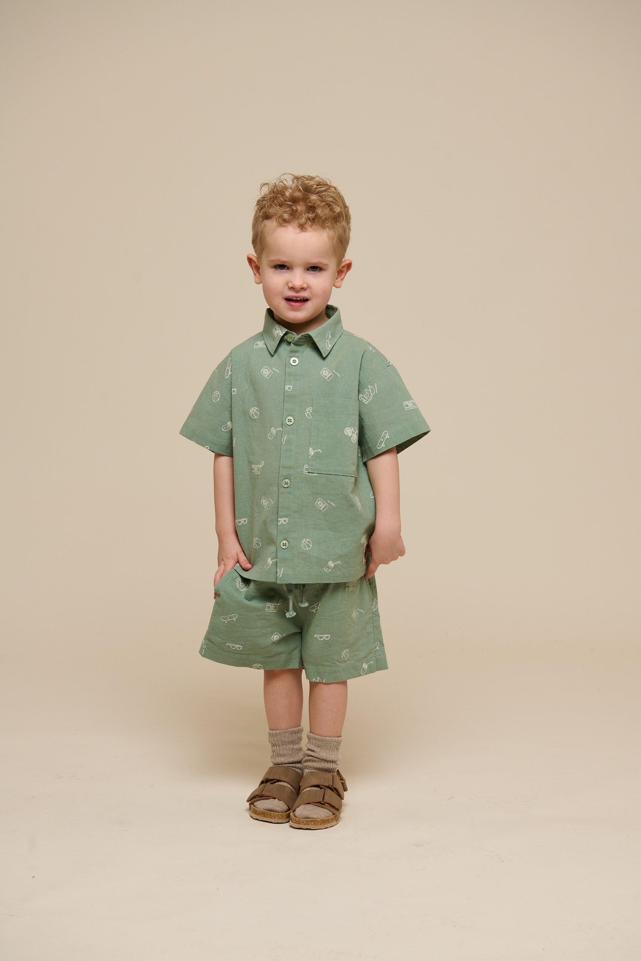 Printede shorts i hørmix - Kids - Dusty Green | 101169 William