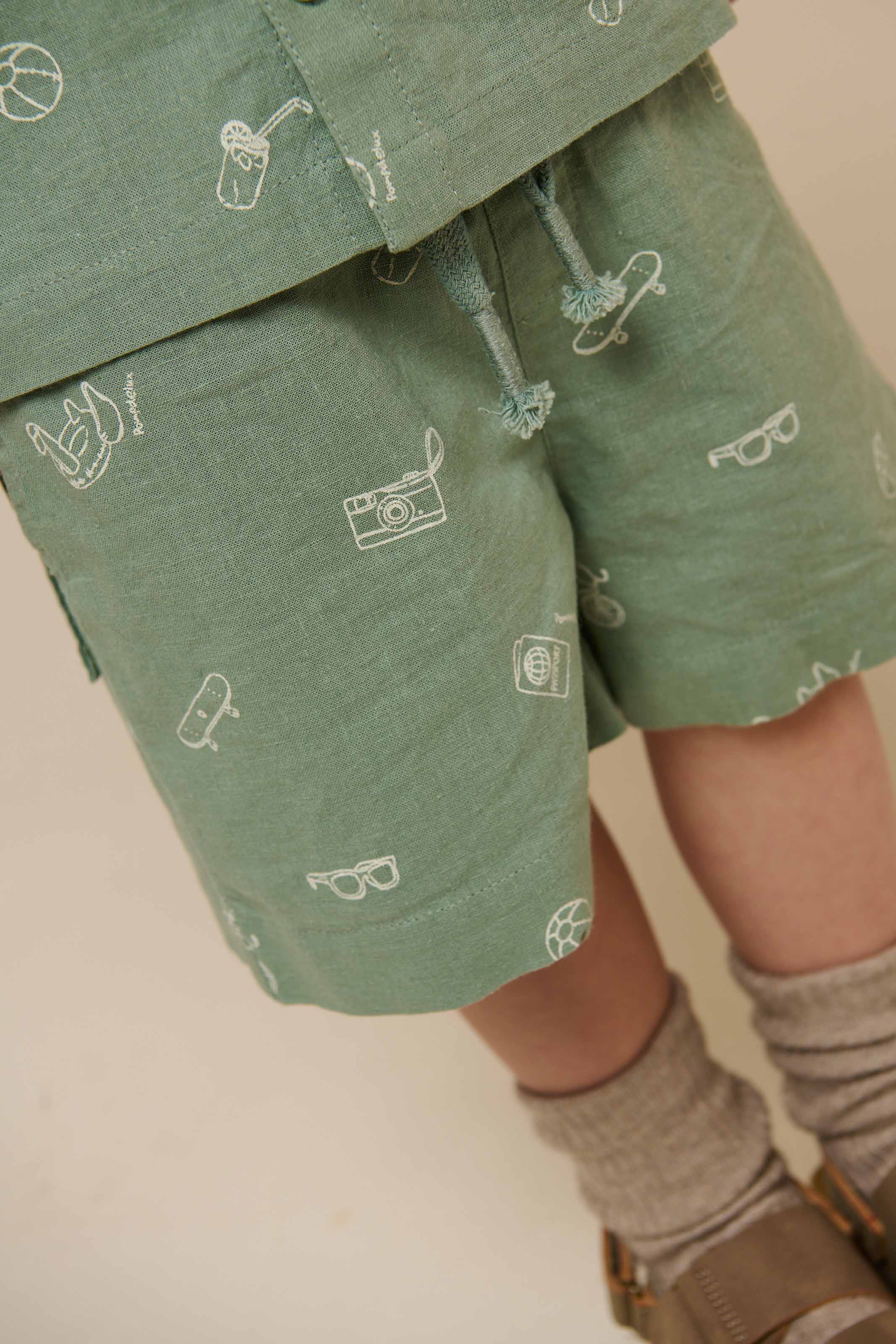 Printede shorts i hørmix - Kids - Dusty Green | 101169 William