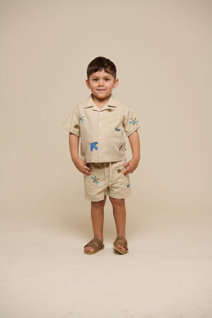 Broderet kortærmet bomuldsskjorte - Kids - Light Beige | 101061 Erik