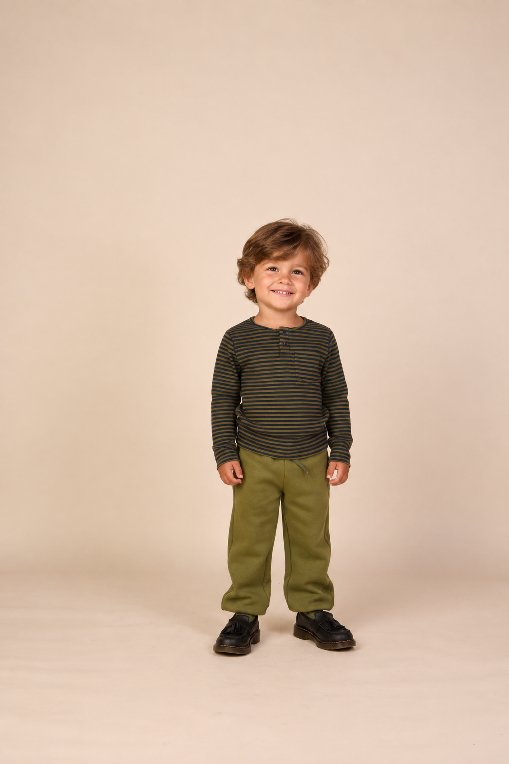Ribbet langærmet T-shirt med stolpelukning Kids - Moss Green/Navy Stripe | 101595 Conrad