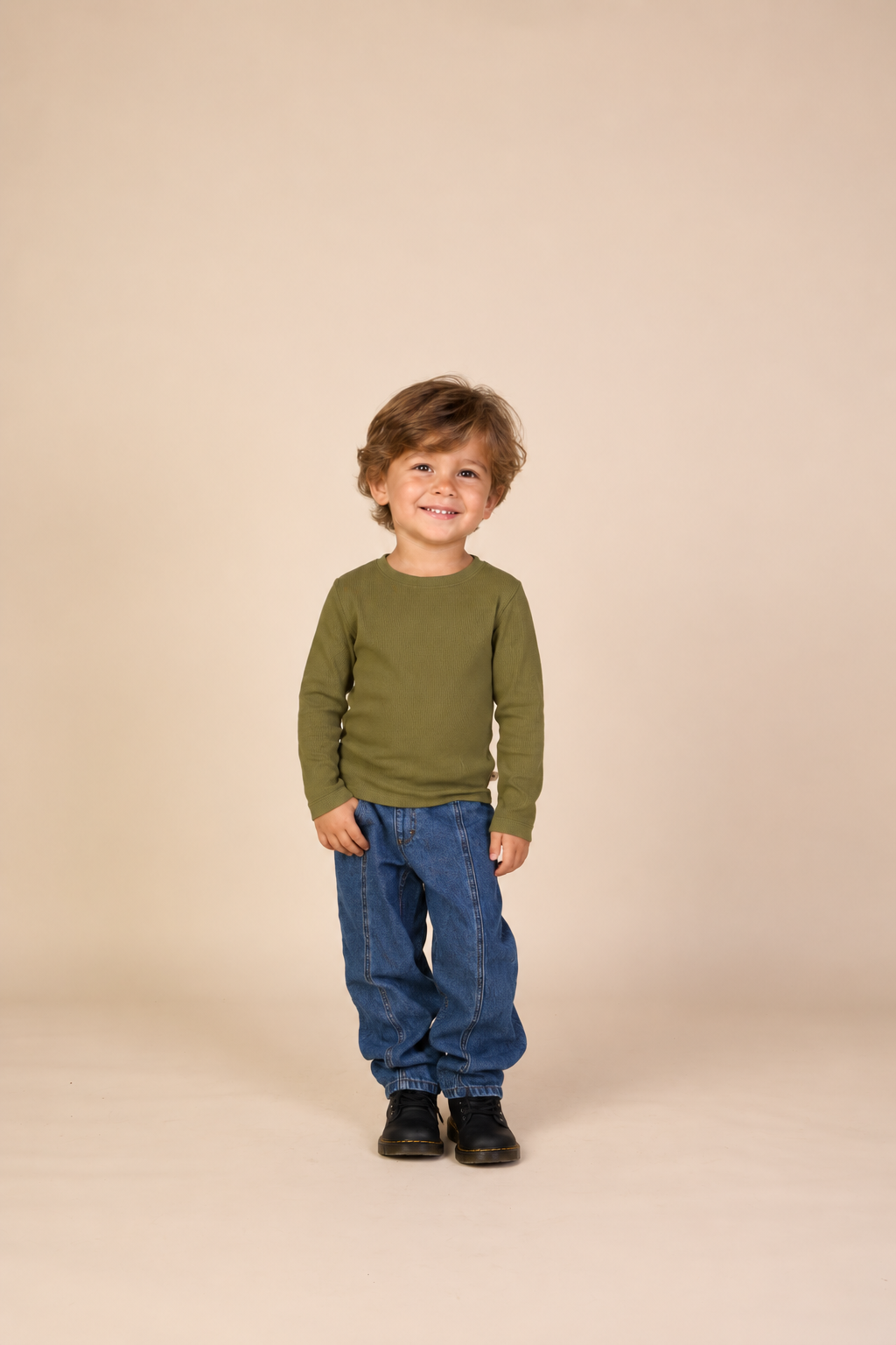 Ribbet langærmet T-shirt Kids - Moss Green | 101599 Conrad