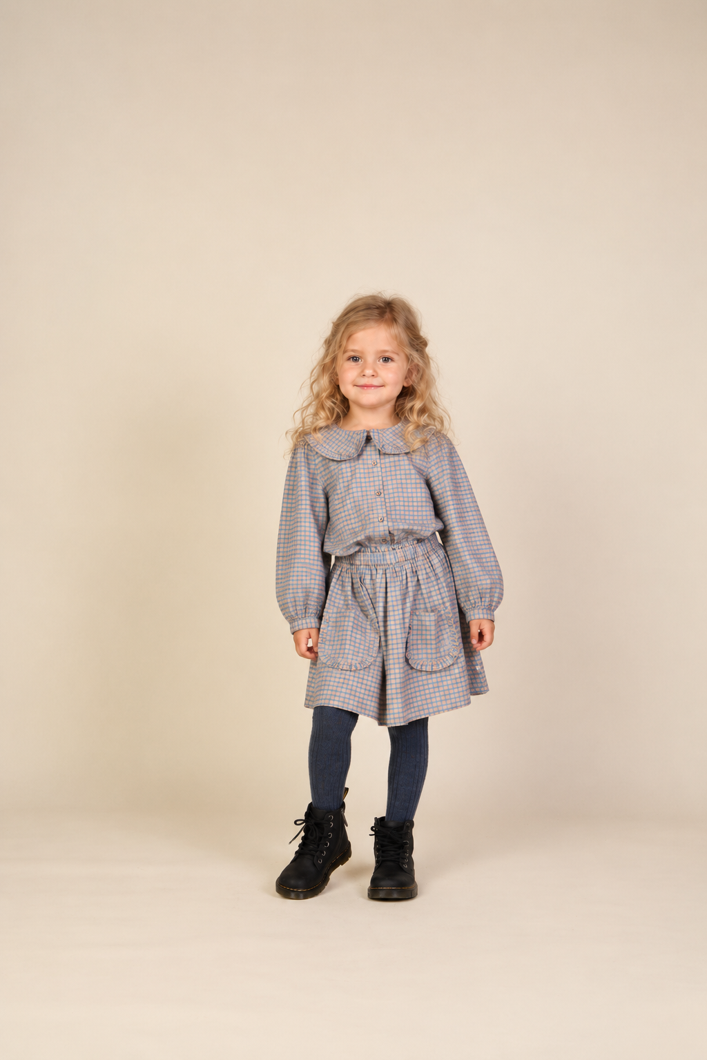 Poplin-nederdel med flæselommer Kids - Blue Check | 101445 Julia