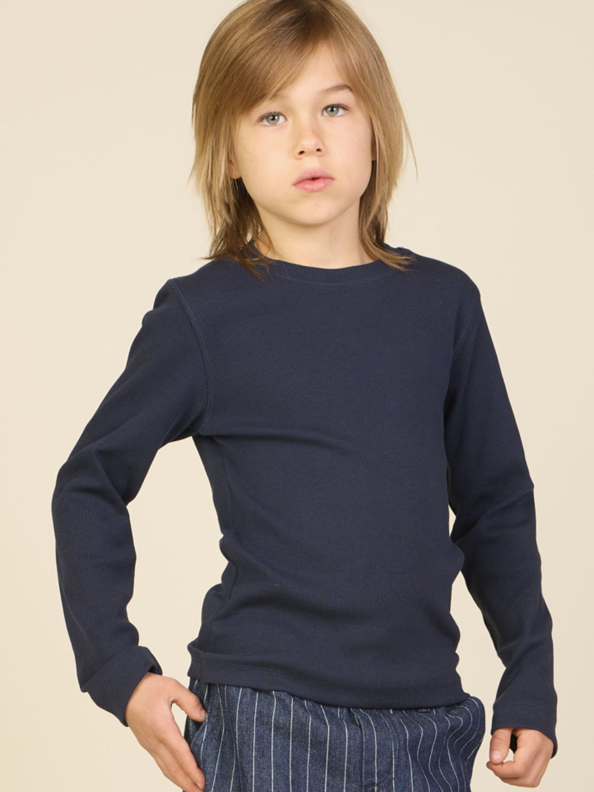 Ribbet langærmet T-shirt Tween - Navy | 101598 Conrad