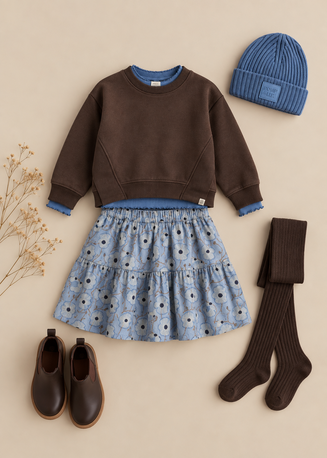 Blomstret bomuldsnederdel Kids - Blue/Brown | 101431 Nova