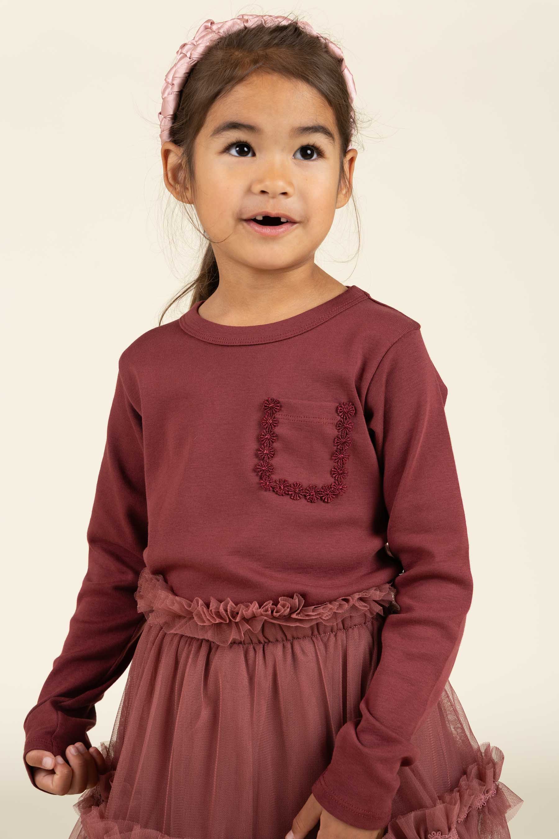 Langærmet T-shirt med brystlomme - Kids - Burgundy | 100868 Sienna