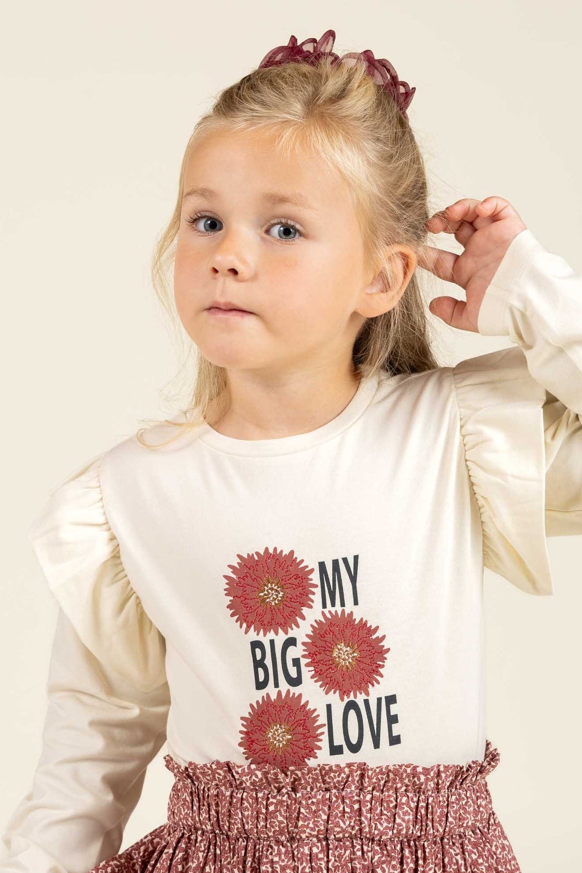 Jersey Bluse med flæseærmer og Print foran - Kids - Off White | 100844 Demi