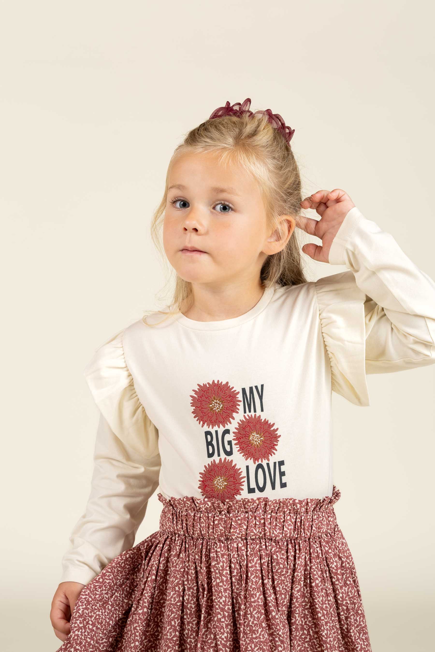 Jersey Bluse med flæseærmer og Print foran - Kids - Off White | 100844 Demi