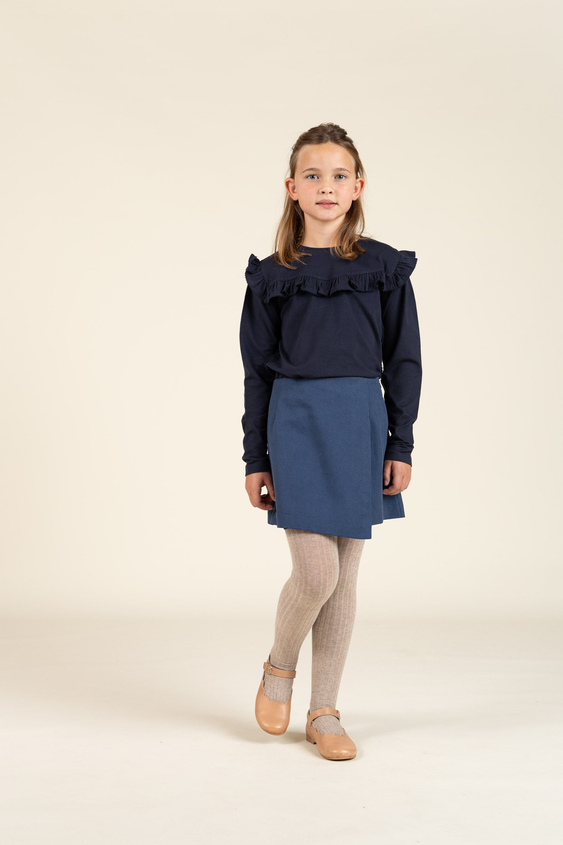 Jersey-bluse med flæser - Tween - Navy | 100865 Talia